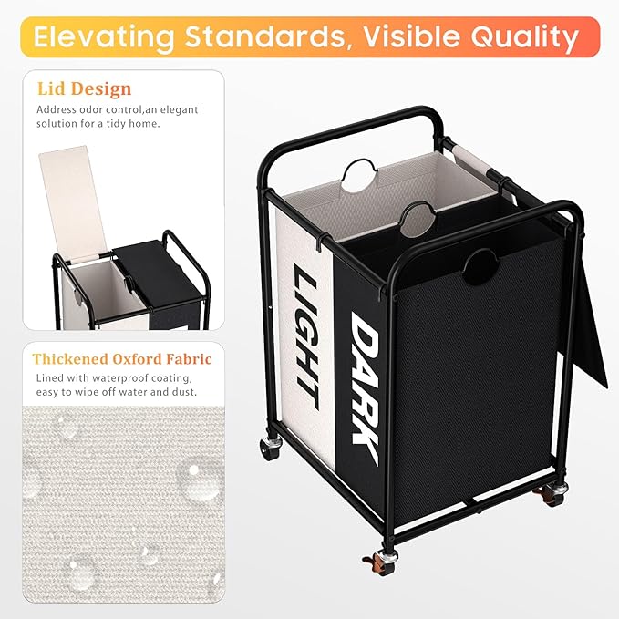 120L (31.7 Gal) Laundry Sorter 2 Section, Rolling Laundry Basket with Lockable Wheels and Lid, Laundry Hamper with 2 Separated Removable Bags Dirty Clothes Hamper for Laundry Room, Multicolored