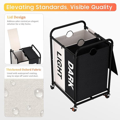 120L (31.7 Gal) Laundry Sorter 2 Section, Rolling Laundry Basket with Lockable Wheels and Lid, Laundry Hamper with 2 Separated Removable Bags Dirty Clothes Hamper for Laundry Room, Multicolored