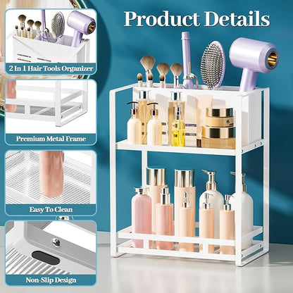 SanDream Hair Tool Organizer Bathroom Countertop, 2-Tier Metal Bathroom Organizer with Blow Dryer Holder, Large Capacity Space-Saving Vanity Shelf for Perfume, Skincare & Makeup Storage (White)