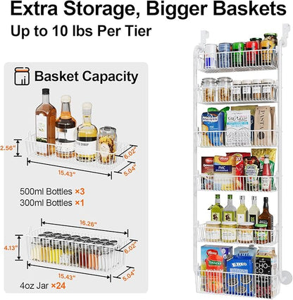 Delamu Large Over the Door Pantry Organizer, 6-Tier Metal Pantry Door Organization and Storage for Easy Install, Hanging Spice Rack Seasoning Shelves for Cabinet & Kitchen, D6.7xW17.5xH53.7 in, White