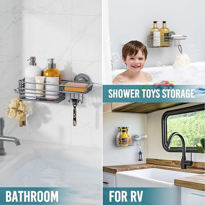 TAILI Shower Caddy Suction Cup with Hooks & Soap Holder, Heavy Duty Bathroom Shower Organizer, No Drilling Shower Shelves for Inside Bathroom, Metal Storage Holder-Grey