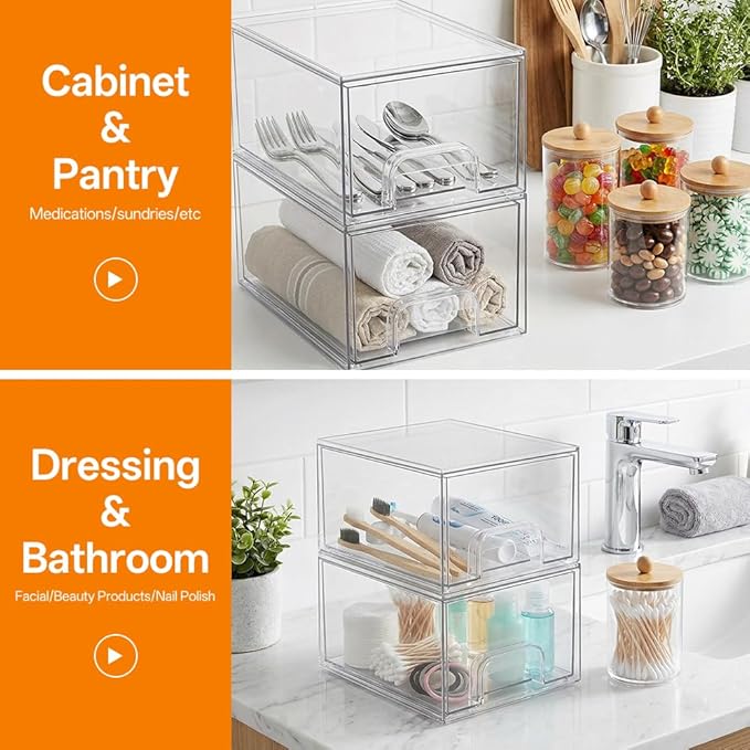 6 Pack Clear Stackable Storage Drawers & Qtip Holder Dispenser with Bamboo Lids, Acrylic Drawer Containers Plastic Organizer Bins for Makeup, Bathroom, Cabinet, Undersink