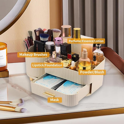 Makeup Organizer Countertop with Drawer 360 Rotating Brush Holder Storage Large Capacity Skincare Cosmetic Display Cases for Vanity Bathroom Desktop, Model 3016 Cream