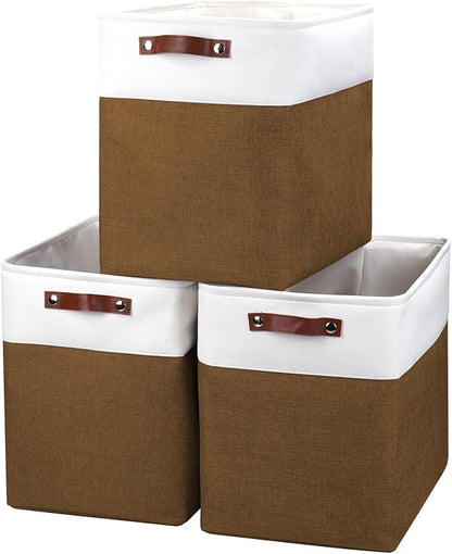 Bagnizer Large Fabric Storage Baskets | 50L Storage Bins, Decorative Linen Closet Baskets with Handles for Organizing, Shelf, Toys, Clothes, Home, Office, Nursery, 17x12x15Inches (Brown&White)
