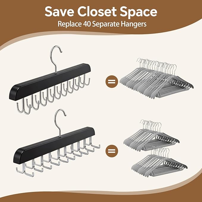 2 Pack Tie Rack and Belt Hanger 40 Hooks 360 Swivel Foldable Wooden Closet Rod Organizer Space Saving for Ties Belts Hats Bras Tank Tops Black