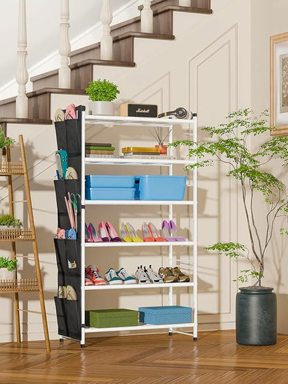 6 Tier 27" Metal Shoe Rack for Closet, Shoe Organizer Storage Shlef with Pocket, White