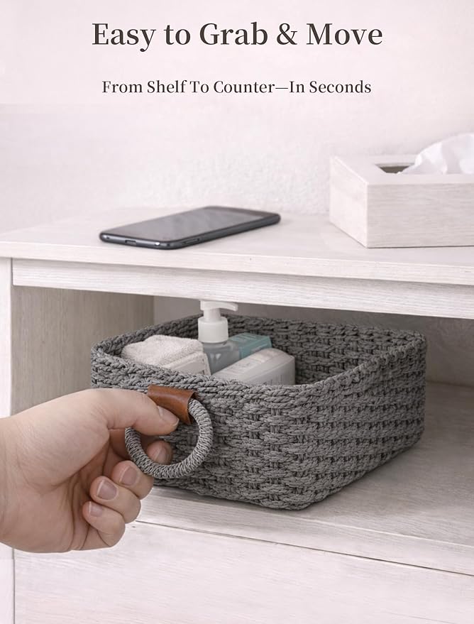 Storage Basket, Recycled Paper Rope Bathroom Basket Organizer, 3Pcs Small Baskets for Organizing, Mini wicker Basket for Decorative Storage Bins, Shelves, Bathroom, Cabinet - Grey
