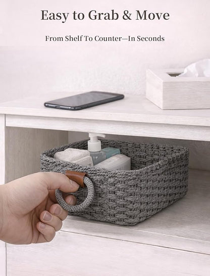 Storage Basket, Recycled Paper Rope Bathroom Basket Organizer, 3Pcs Small Baskets for Organizing, Mini wicker Basket for Decorative Storage Bins, Shelves, Bathroom, Cabinet - Grey