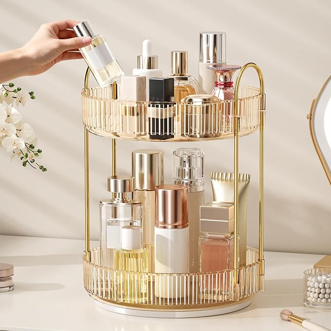 360° Rotating Makeup Organizer, Large Capacity Skincare Organizer, 2 Tier Cosmetic Skin Care Perfume Dresser Organizer, Fits Cosmetics, Perfume, Skin Care, Lipstick