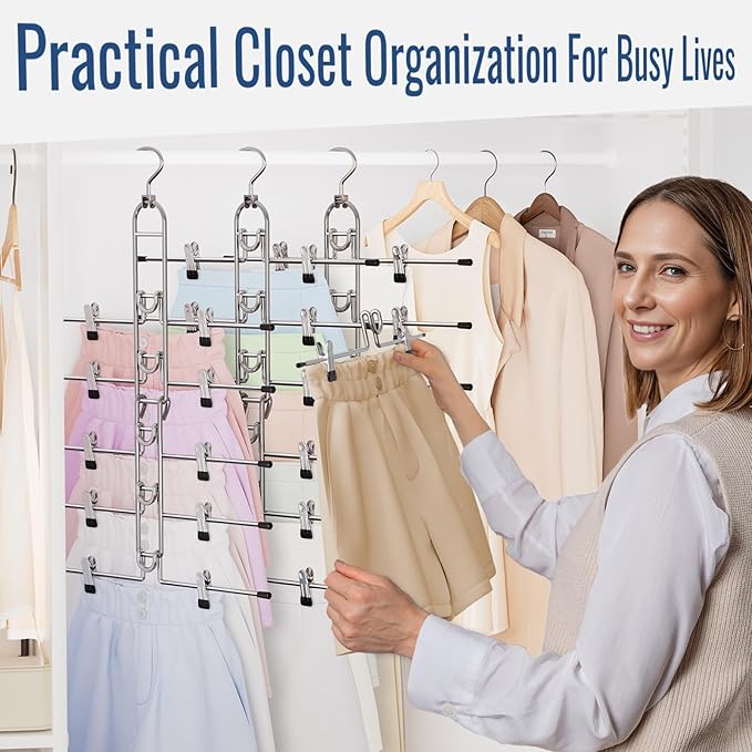 Pants & Skirt Hangers with Clips, Newly Upgraded Detachable - Space Saving Hangers, 6-Tiers Foldable Skirt Hangers for Women - Hanging Closet Organizer and Storage-2pack, Patent Pending