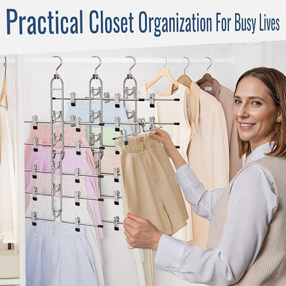 Pants & Skirt Hangers with Clips, Newly Upgraded Detachable - Space Saving Hangers, 6-Tiers Foldable Skirt Hangers for Women - Hanging Closet Organizer and Storage-2pack, Patent Pending