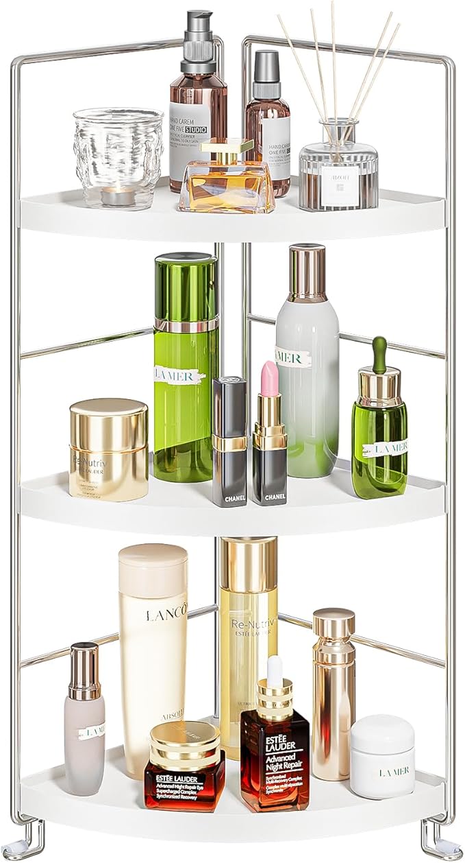 3-Tier Corner Spice Rack Kitchen Bathroom Countertop Organizer Vanity Tray Cosmetic Makeup Storage Standing Shelf, White