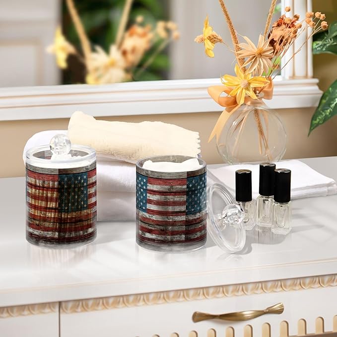 Gredecor 4 Pack Qtip Holder Clear Retro Americana Flag Apothecary Jars with Lids Acrylic Bathroom Jars Vanity Countertop Canister Storage Organizer for Cotton Ball,Swabs,Pads,Floss