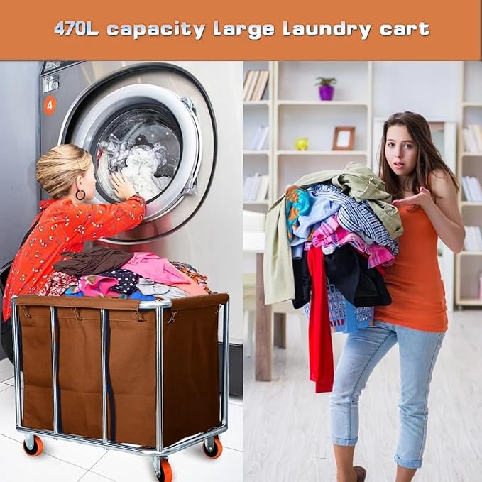 Commercial Laundry Cart with Wheels, 400L Large Capacity Heavy Duty Stainless Laundry Basket,Laundry Sorter for Clothes Storage,330 lbs Load (Brown)