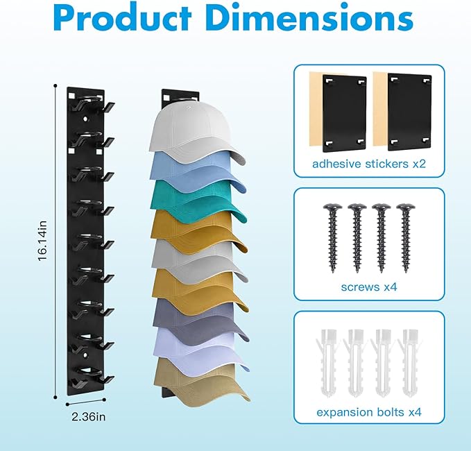 2 Pack Hat Organizer for Baseball Caps Preserve Shape, No Squish! Wall Mounted Hat Rack with Strong Adhesive Holds 18 Hats, over the Door Organizer for Closet Bedroom (Black)