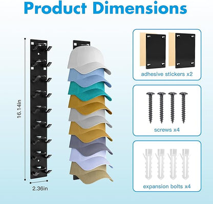 2 Pack Hat Organizer for Baseball Caps Preserve Shape, No Squish! Wall Mounted Hat Rack with Strong Adhesive Holds 18 Hats, over the Door Organizer for Closet Bedroom (Black)