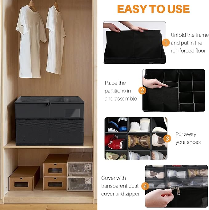 MIFXIN Shoes Organizer for Closet Fit 16 Pairs Large Shoe Box Storage Container Shoe Storage Bin with Clear Cover & Reinforced Handles, Space Saving Shoes Container (Black)