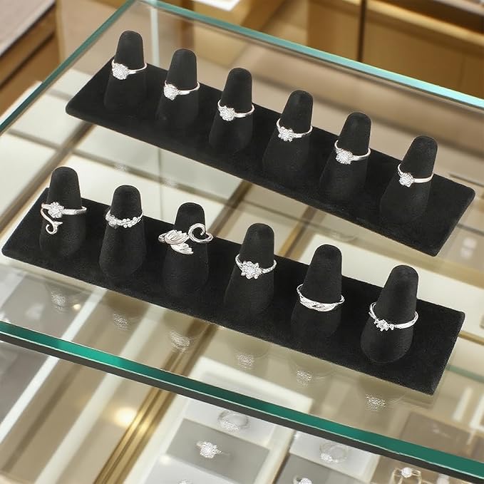 Black Velvet Ring Display Stand, 2 Pcs Jewelry Organizer with 6 Slots for Large Rings – Velvet Jewelry Display Tray for Stores, Showcase & Vanity