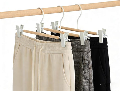 Premium Matt Metal Pants Hanger 20 Pack Smooth Beech Wood Pants Bar,Solid Natural Wooden Pant Bottom Hangers, Trouser Hangers for Slacks Jeans with 2-Adjustable Anti-Rust Clips (Pant Hanger)