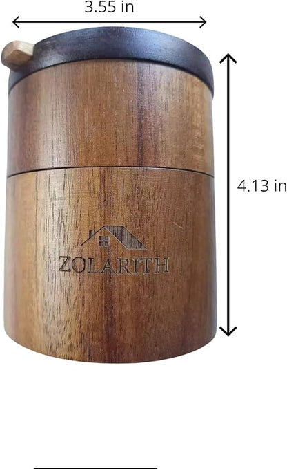 Wooden Salt Box with Magnetic Swivel Lid, Acacia Wood, Dual Compartments, 9x10.5cm, Kitchen Storage Container with Spoon