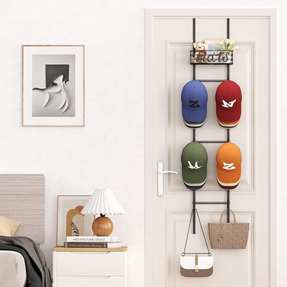 SWTYMIKI Over Door Hat Organizer - Wall Mounted Hat Rack with 6 Hooks and Metal Basket Design, Hanging Baseball Cap Organizer Storage Holds Up to 32 Caps for Door, Bedroom, Closet (Black)