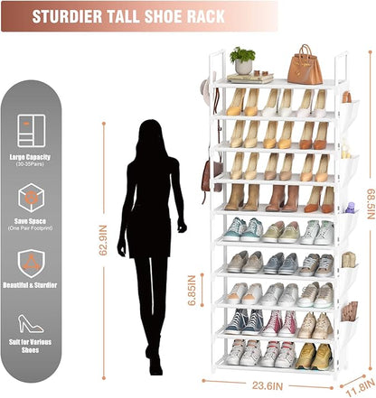 LUKYTOWER Tall Shoe Rack 10 Tier Shoe Racks Organizer for Closet 30-35Pairs,Large Capacity Storage Rack for Shoes with 5Hooks and Side Pocket,Sturdy Shoe Shelf, Vertical Shoe Stand Tower