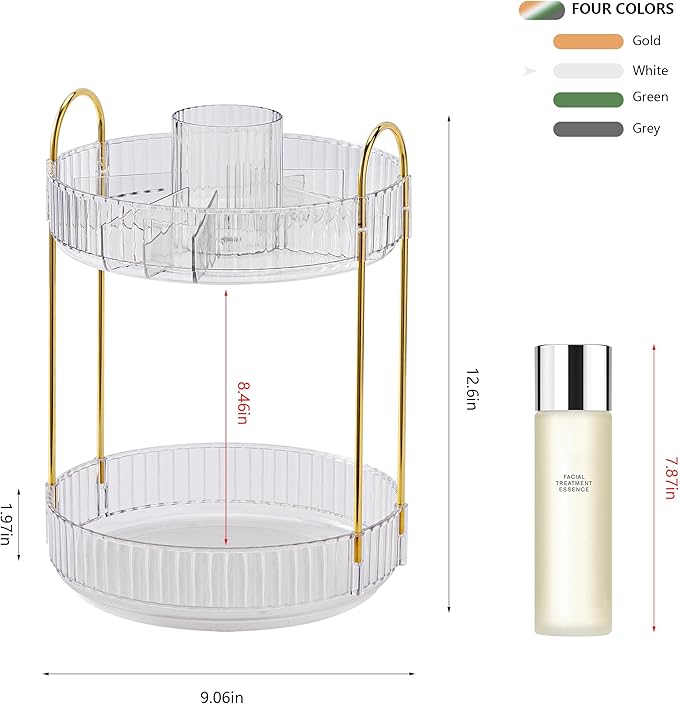 YCIA&DONE Rotating Makeup Organizer for Vanity, Large Capacity Make Up Storage Skin care Shelf Perfume Holders Cosmetic Dresser Organizer Countertop Spinning 360 (White Clear, 2Tiers)
