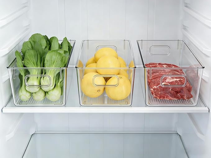 4 Pack Clear Plastic Storage Bins with Handles, Stackable Organizer Containers for Pantry, Fridge, Cabinet, Bathroom, Closet, Under Sink, Kitchen Organization,M