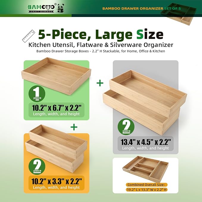BAMOTTO CRAFTBAMBOO Stack Bamboo Drawer Organizer Set of 5, Kitchen Utensil, Flatware&Silverware Organizer-Wood Laminated Stackable for Kitchen, Bedroom, 13.4''x4.5''*2+10.2''x3.3''*2+10.2''x6.7''*1