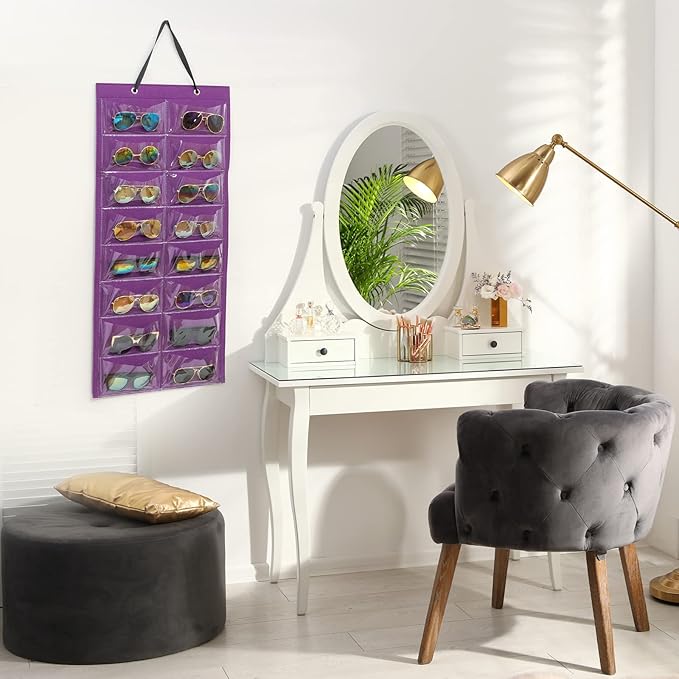 Lolalet Sunglasses Organizer, Hanging Sunglass Holder Organizer for Wall 16 Slots Double Sided Glasses Organizer -Purple, 1 Pack