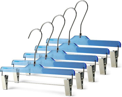 Acrylic Clip-Hangers Blue for Pants, Skirts and Shorts with 360 Degree Silver/Golden Hook | Space Saving & Non-Slip | 5 Pack