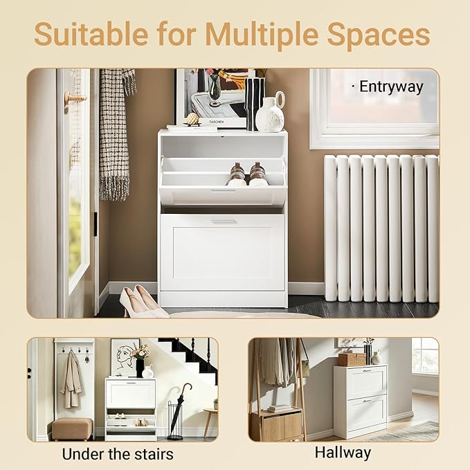 Haotian Shoe Cabinet Storage for Entryway, Narrow Shoe Cabinet with Two Flip Drawers to Save Space, Shoe Rack Cabinet for Front Door Entrance Hallway (White)