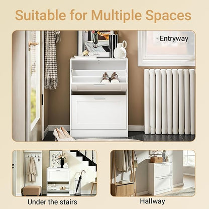 Haotian Shoe Cabinet Storage for Entryway, Narrow Shoe Cabinet with Two Flip Drawers to Save Space, Shoe Rack Cabinet for Front Door Entrance Hallway (White)