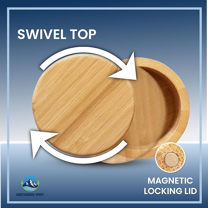 Bamboo Salt Containers with Magnetic Swivel Lids – 4Pcs Round Wooden Spice Storage Containers for Salt, Herbs, Flaky Salt & Seasonings Kitchen Countertop Storage