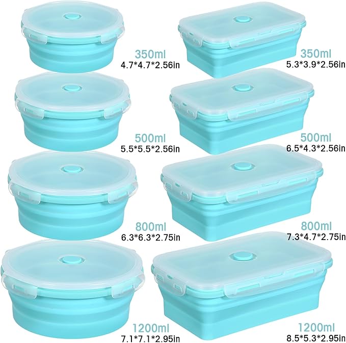 Yaomiao 16 Pack Collapsible Food Storage Containers with Lid Foldable 8 Pcs Rectangle Storage Bowl and 8 Pcs Round Silicone Food Bow for Lunch Camping Rv Accessories Microwave Freezer(Blue)