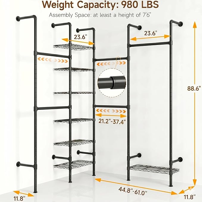 F4 Wall Mounted Closet System, Industrial Pipe Clothing Rack for Hanging Clothes, Heavy Duty Closet Organizer System, Clothes Racks with Shelves & Expandable Rod for Wardrobe, Corner, Black