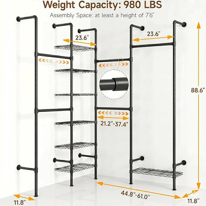 F4 Wall Mounted Closet System, Industrial Pipe Clothing Rack for Hanging Clothes, Heavy Duty Closet Organizer System, Clothes Racks with Shelves & Expandable Rod for Wardrobe, Corner, Black