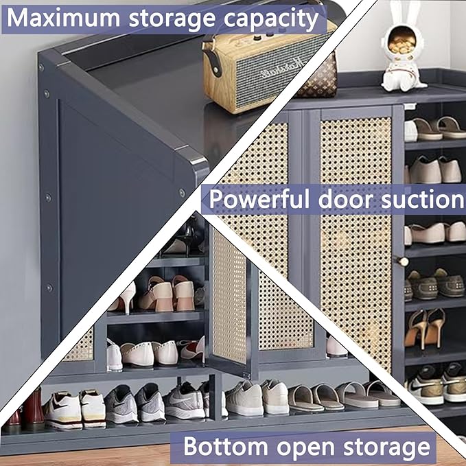 8 Tier Bamboo Shoe Cabinet with Doors, 38-42 Pairs Shoe Rack for Closet, Shoe Storage Cabinet for Hallway Living Room Office(Grey)