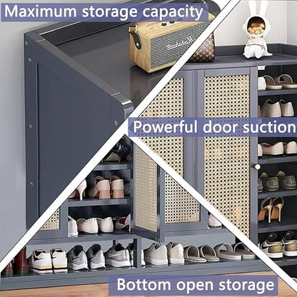 8 Tier Bamboo Shoe Cabinet with Doors, 38-42 Pairs Shoe Rack for Closet, Shoe Storage Cabinet for Hallway Living Room Office(Grey)