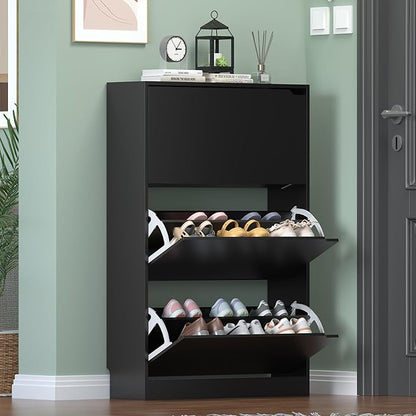 HUANLEGO Shoe Storage Cabinet for Entryway, Black Shoe Cabinet with 3 Flip Drawers Hidden Shoe Storage Modern Shoe Rack Storage Organizer for Entryway,Closet, Living Room,Hallway…