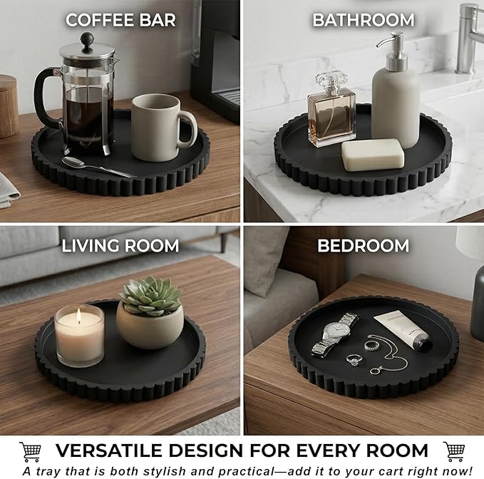 Round Silicone Bathroom Vanity Tray, Decorative Organizer for Soap, Perfume, Candle, Kitchen Countertop, Coffee Table Decor (Black, 9")
