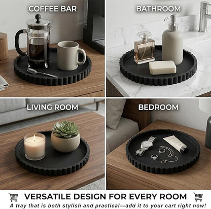 Round Silicone Bathroom Vanity Tray, Decorative Organizer for Soap, Perfume, Candle, Kitchen Countertop, Coffee Table Decor (Black, 9")