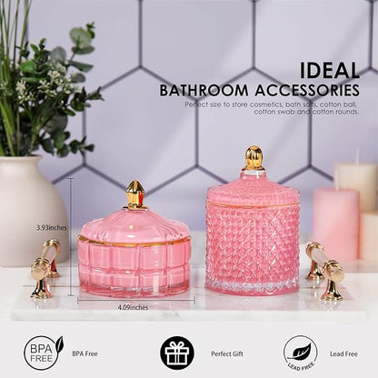 ALAMHI Glass Candy Dish Decorative Bowl, Apothecary Jars with Lids Bathroom Glass Jars for Cotton Ball or Cotton Swab Jewelry Storage Boxes with Lids, Crystal Pink Gifts for Women