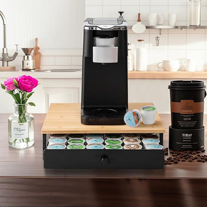 ROWISE Bamboo Coffee Pod Drawer Holder for K Cups, Coffee Capsule Organizer for Home Office, Kitchen, 36 Pods Capacity