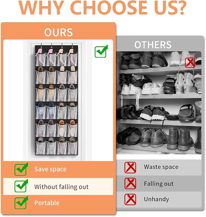 FENTEC 2 Pack Large Over The Door Shoe Organizer, 24 Pockets Mesh Hanging Shoe Organizers, Over Door Organizer, Black