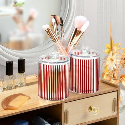 2 Pack Apothecary Jars Red White Stripes Qtip Holder Organizer Clear Airtight Container for Cotton Swabs Food Storage 14oz Plastic Jars with Lids
