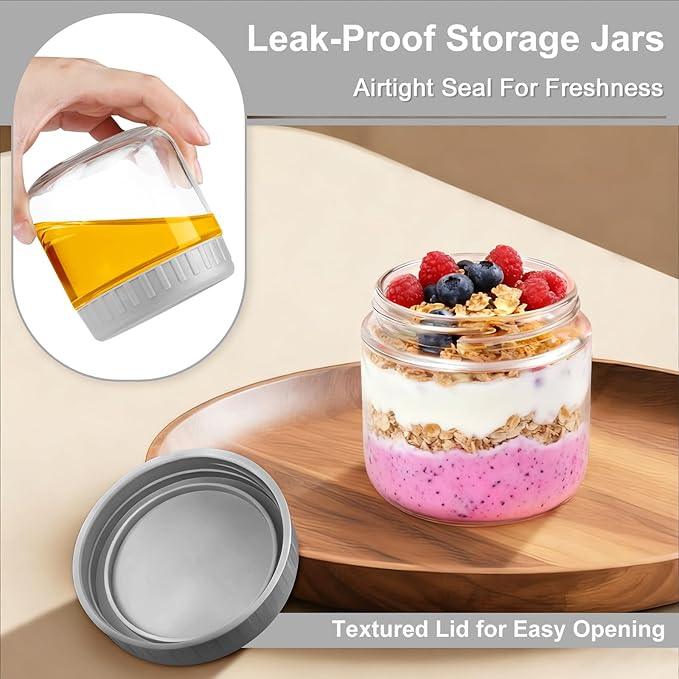Overnight Oats Containers with Lids, 10oz Wide Mouth Mason Jars with Lids, 6 Pack Glass Jars with Airtight lid for Chia Pudding Yogurt Salad, Meal Prer Oatmeal Jars, Gray