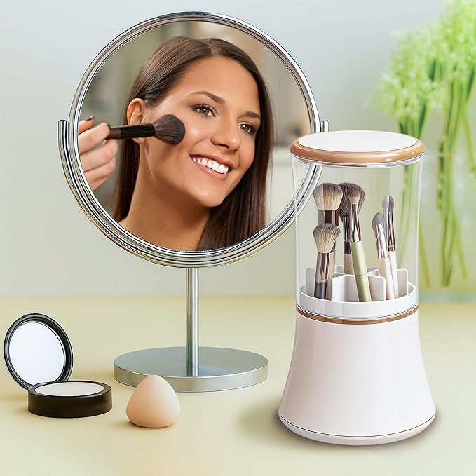 Makeup Brush Holder with Lid Cosmetic Tools Organizer 360 Rotating Waterproof Dustproof Make Up Brushes Storage for Vanity Bathroom Countertop