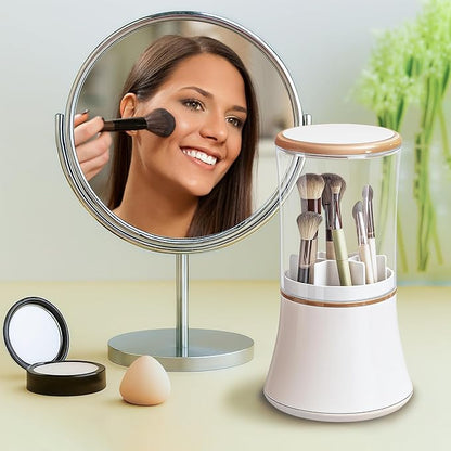 Makeup Brush Holder with Lid Cosmetic Tools Organizer 360 Rotating Waterproof Dustproof Make Up Brushes Storage for Vanity Bathroom Countertop
