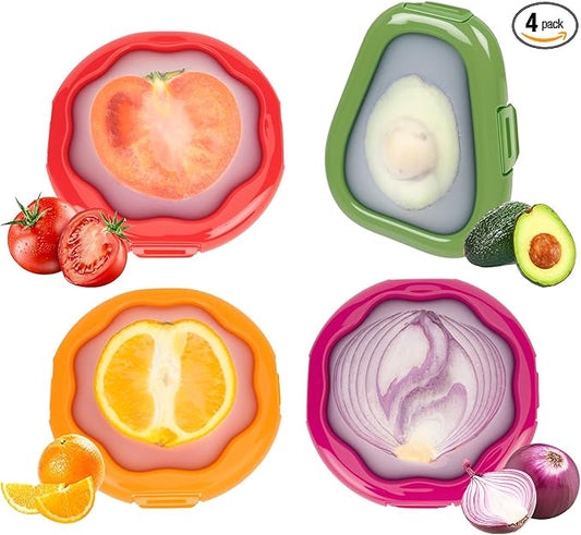 TQRR Avocado Saver and Onion Container-Set of 4 Reusable Silicone Fruit and Vegetable Storage Containers for fridge, Ideal for Apple, Tomatoes, Lemons, Orange and Potatoes